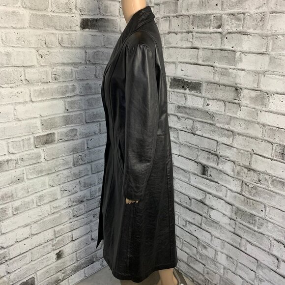 Vintage 90s Black Leather Trench Coat Retro Maxi Long Length Jacket Overcoat - Picture 6 of 16